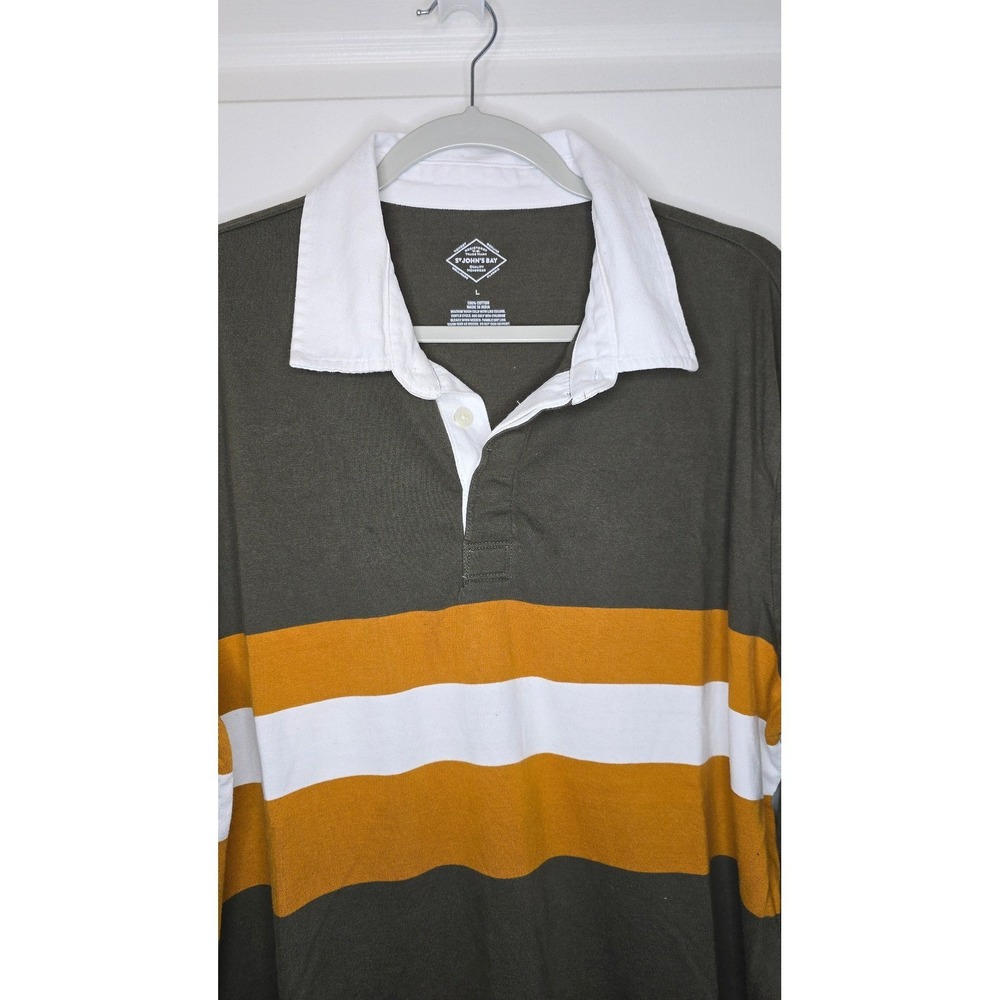 St Johns Bay - Rugby Shirt Long Sleeve Striped Olive Green Mustard Large - Picture 2 of 4